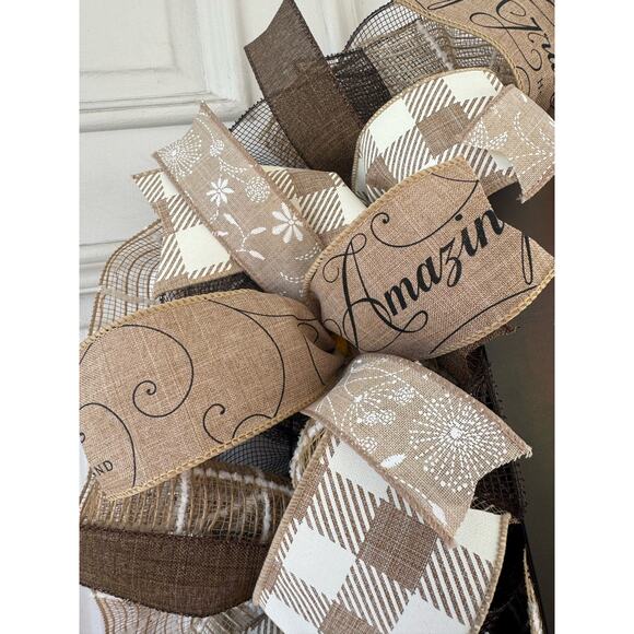 Everyay Year Round Neutral Color Jesus Mesh Ribbon Wreath Front Door Hanger - Picture 3 of 9